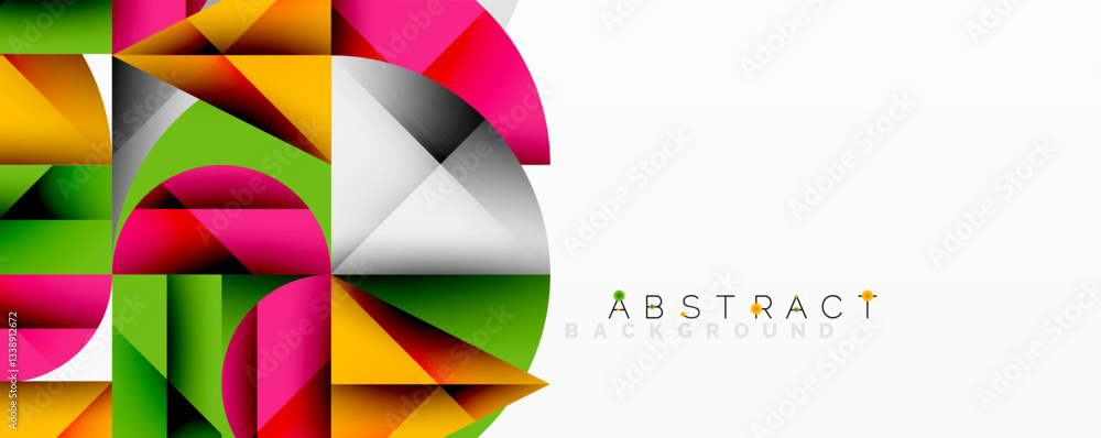 Poster Abstract geometric design with intersecting circles, triangles, squares and sharp angles creating a layered composition with gradients, depth, and contrast