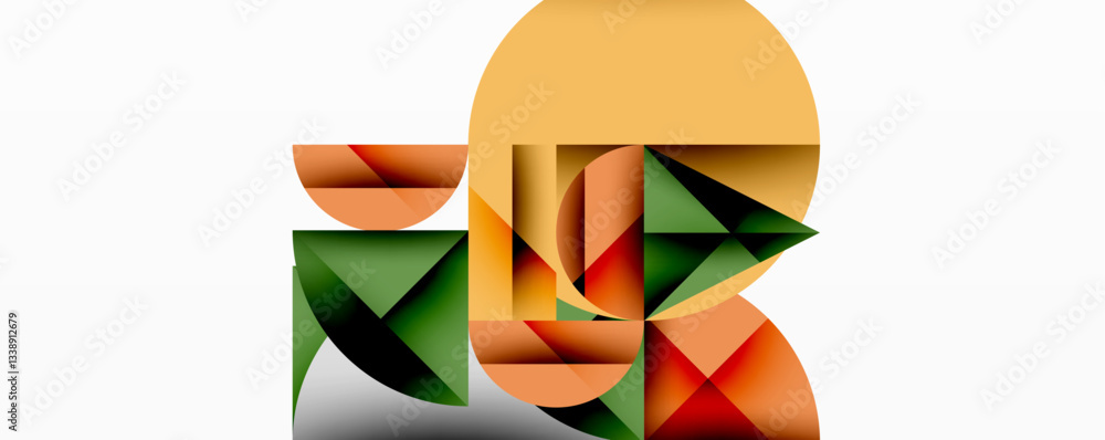 Poster Modern abstract composition with layered circles and angular segments featuring gradients, transparency effects, and a structured geometric layout