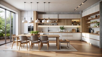 Minimalist Modern Kitchen & Dining Room Interior Design Stock Photo