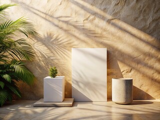 Minimalist Modern Outdoor Product Mockup: Elegant Stone Background with Warm Sunlight & Shadows
