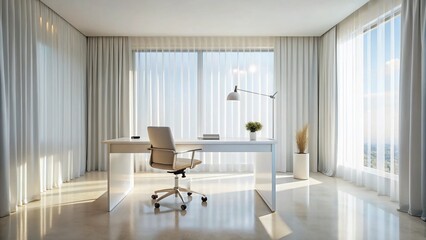 Fototapeta premium Minimalist Modern Home Office Workspace: White Curtains, Desk, Chair, Clean Design
