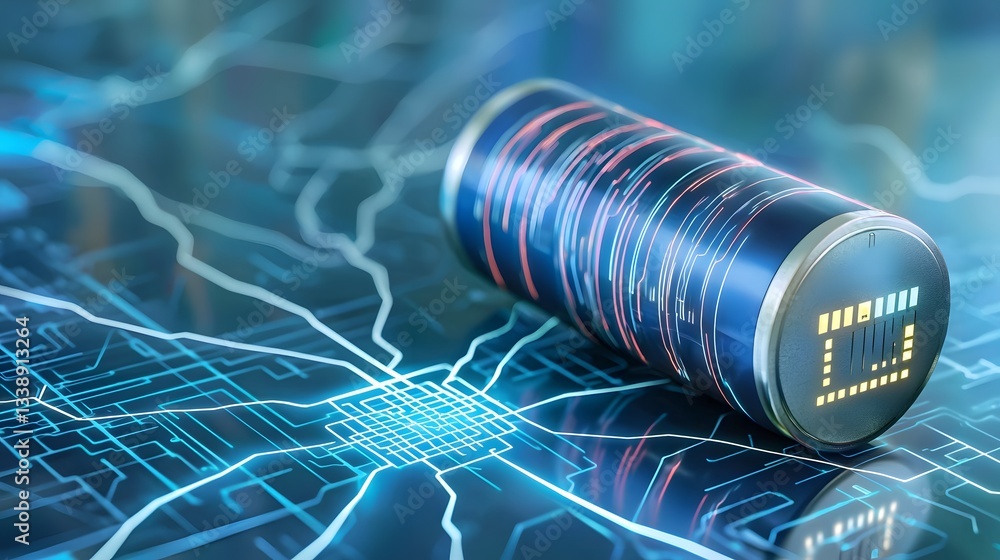 Poster futuristic 3d of a quantum battery with advanced ai controlled power storage system for renewable en