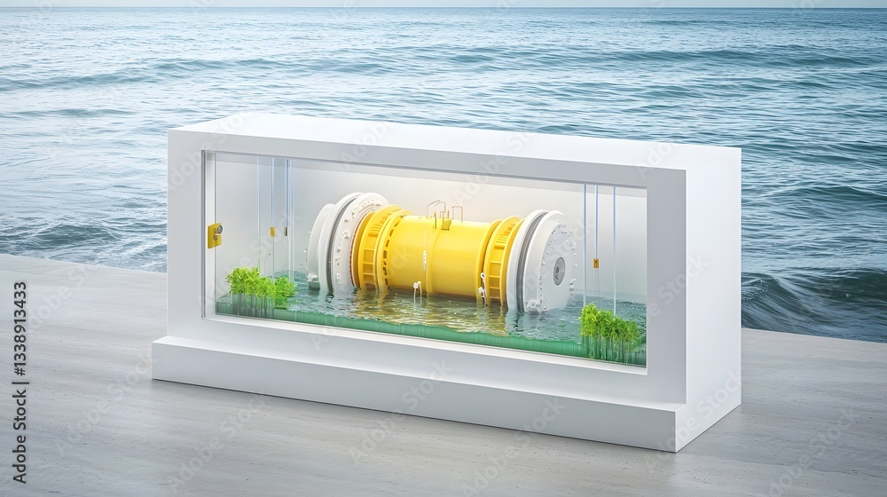 Poster futuristic 3d rendering of a high tech hydroelectric generator featuring transparent water turbines 