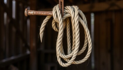Rope knot display barn interior photography rustic setting close-up craftsmanship and texture