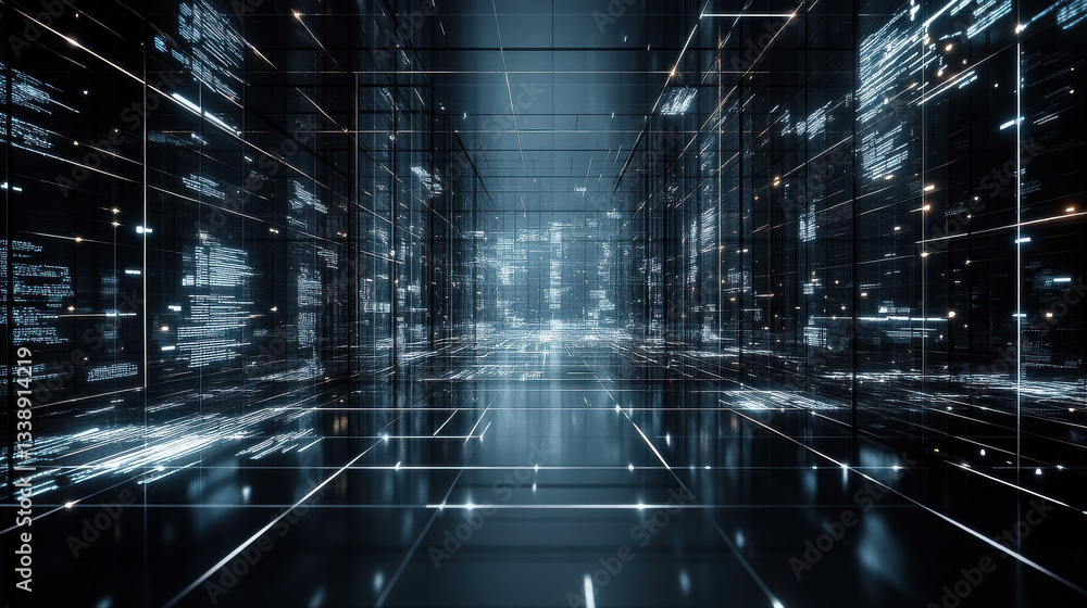 Poster ultra modern metallic cyber grid with sleek reflective surfaces and data flow
