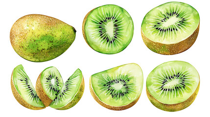 Fototapeta premium Set of kiwi fruits. Watercolor illustration. Collection of fruits. Isolated on white background. Hand paint.