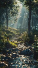 Obraz premium Sunlight filtering through a dense forest, 4K hyperrealistic photo