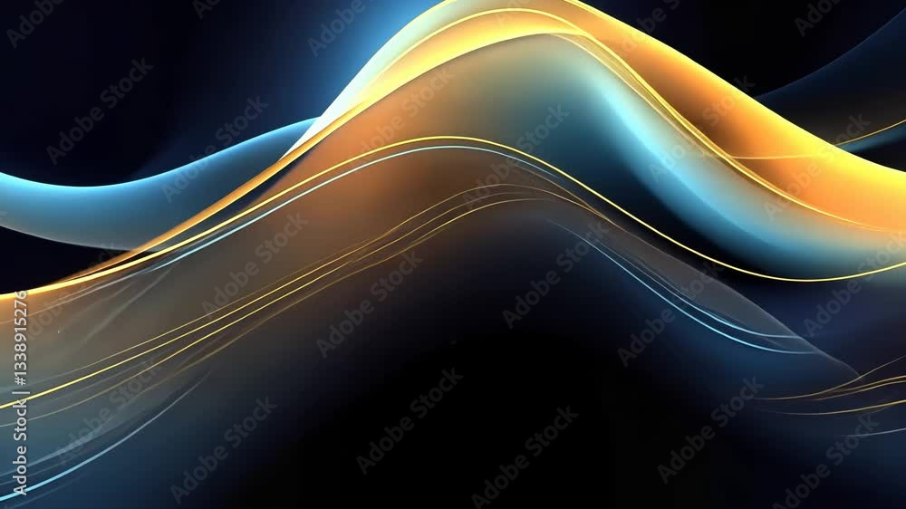 Poster abstract dynamic wave design. fluid, glowing lines in blue and gold, creating a sense of movement an