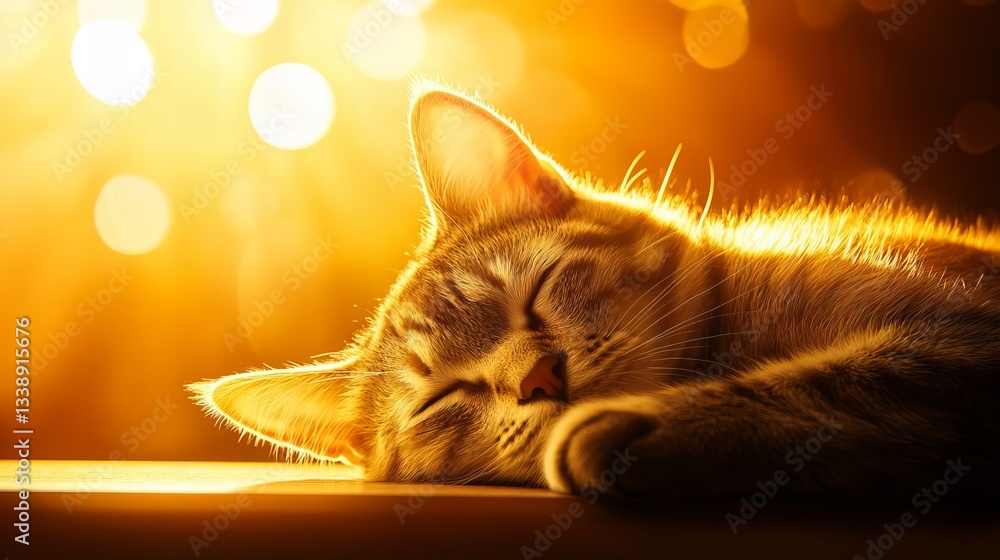 Poster tabby cat is peacefully sleeping on a surface, illuminated by a strong, golden light source that cre