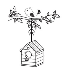 Birdhouse on a branch with a doodle bird, outline, coloring