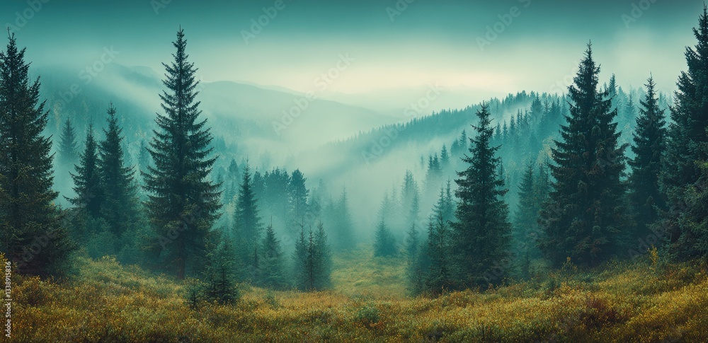 Aufkleber fog rolling through mountain forest of evergreen trees