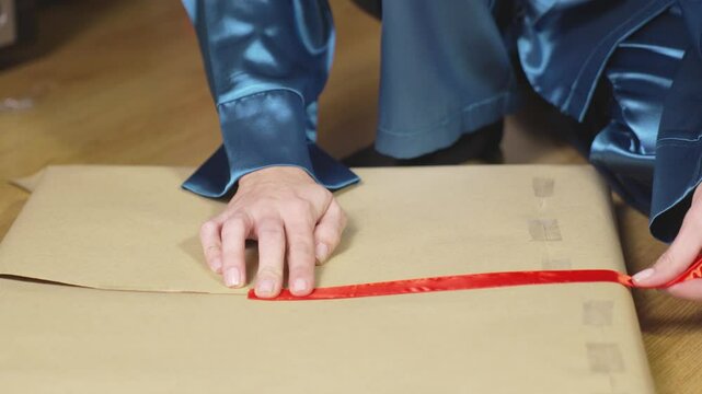 Trying on red ribbon and gluing it to craft