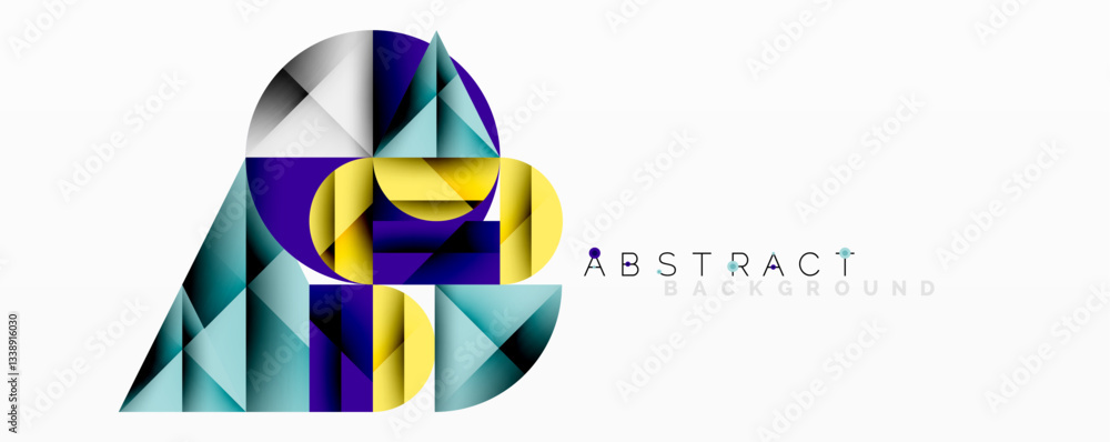 Poster Abstract geometric design with intersecting circles, triangles, squares and sharp angles creating a layered composition with gradients, depth, and contrast
