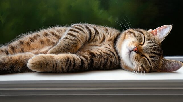 Tabby cat is peacefully sleeping on a white windowsill with dark green foliage visible outside and its eyes closed, showcasing soft fur and striped ma