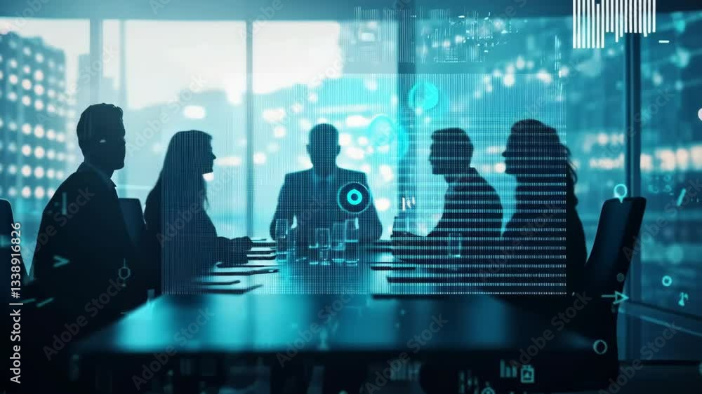 Aufkleber a dynamic business meeting in a modern conference room, enhanced by a digital overlay of data and ad