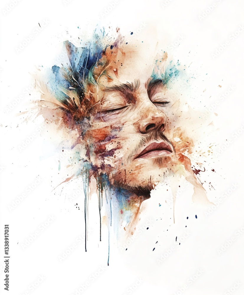 Poster man face exploding with colorful watercolor splashes