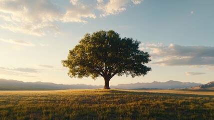 Timeless Beauty: A solitary tree stands majestic in a vast open field, embraced by the soft glow of dawn or dusk, evoking feelings of peace and resilience. 