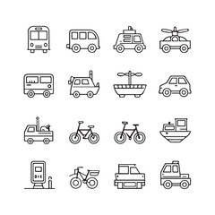 Transport set of web icons in linear style. Transport, vehicle and delivery icons for web and mobile app. Public transport, car, bike, train, bicycle, plane, bus, metro, ship.