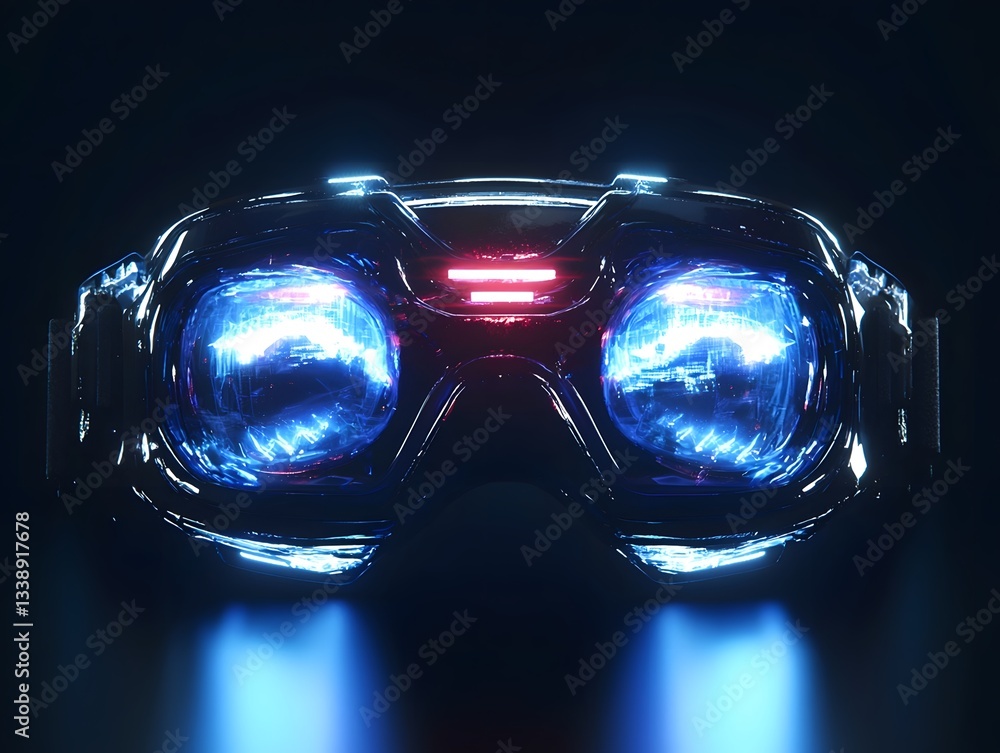 Poster futuristic virtual reality headset with vibrant holographic projections emerging from the advanced d