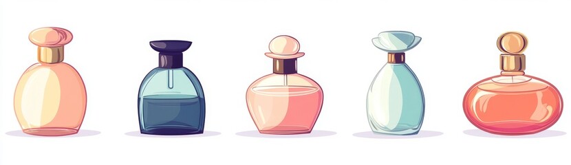 A trendy set of cartoon perfume bottles. Bright tubes containing luxurious perfumes and beauty items