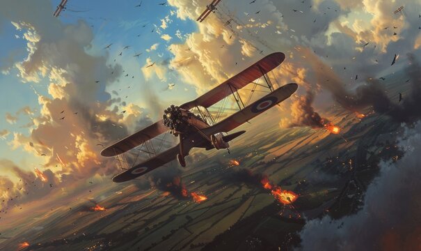 WWI pilots in a dogfight over the trenches, biplanes twisting in the sky.
