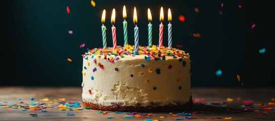 A cake with a one-year candle for a birthday or anniversary celebration, featuring balloons, party decor, and a banner with copy space