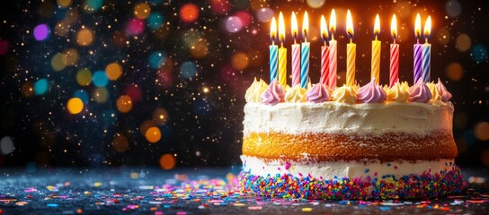 A birthday or anniversary cake with a one-year candle, decorated with balloons and party items, including a banner with space for text