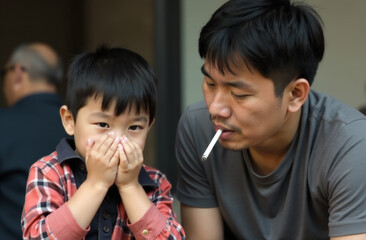 World No Tobacco Day. the harm of secondhand smoke. a father smokes next to his son. representatives of the Asian race. the child covers his nose with his hands from the unpleasant smell. bad habits