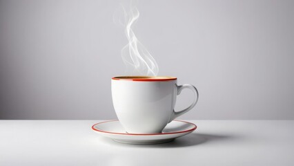 White coffee cup with red trim and steam on a saucer