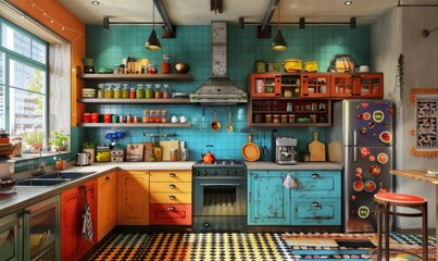 Large eclectic kitchen with bold colors, vintage appliances, and open shelving, 4K hyperrealistic photo