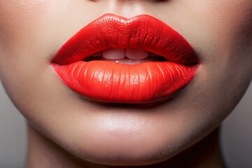 Minimalist Close-up: Coral Lipstick on Female Lips - Stock Photo
