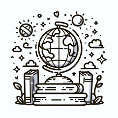Globe on stacked books with stars and clouds illustration  