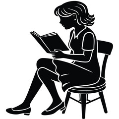 Reading A child sitting at a desk, holding a book open in front of them, focused on reading. full length silhouette black illustration