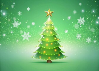 Minimalist Christmas Tree Illustration: Green Festive Background with Star & Snowflakes