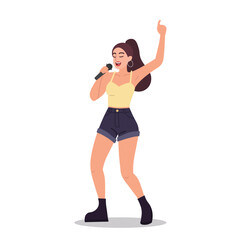 woman singing using mic. flat character design of woman posing while singing. simple minimalist flat character design