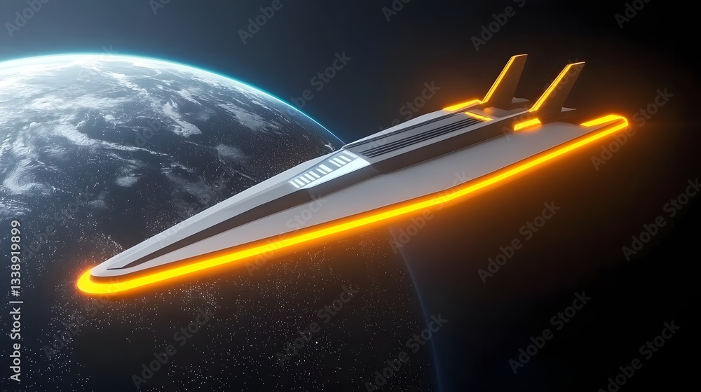 Poster massive intergalactic spaceship hovers above an alien planet its neon glowing thrusters and reflecti