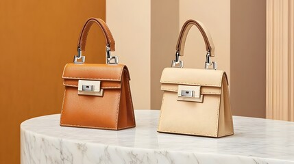 Luxury Handbag Collection Displayed on Sleek Marble Table   High End Designer Fashion Brand Showcasing Elegant Sophisticated Aesthetic