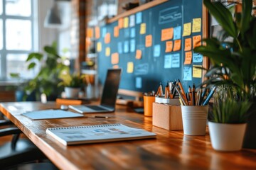 Workspace featuring a modern desk with a computer, documents, plants, and colorful notes during a bright daytime in a well-lit office
