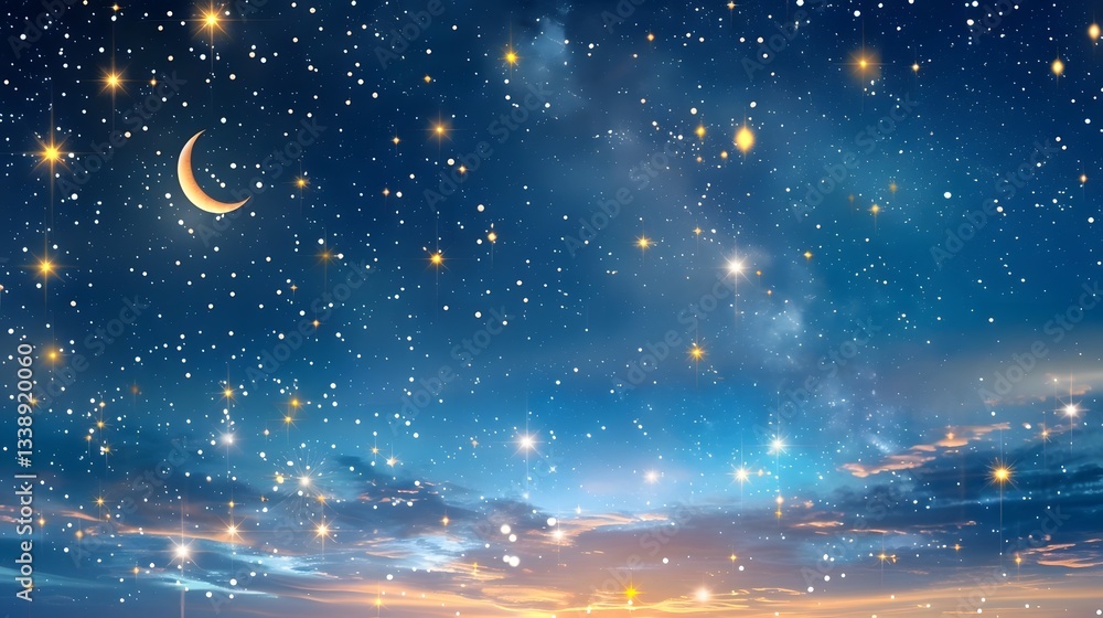 Poster mesmerizing and mystical night sky pattern featuring a crescent moon and twinkling stars on a deep b