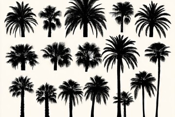 A collection of modern palm tree illustrations in a single color, suitable for cutting, tattoo designs, or contemporary artwork