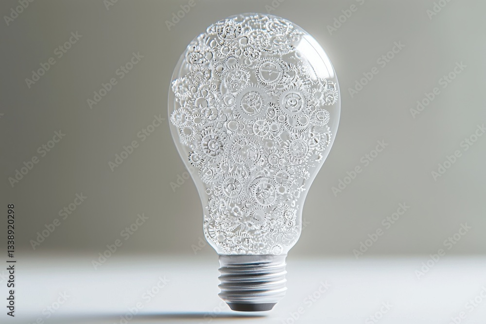 Poster a lightbulb filled with intricate white gears, representing ideas, innovation, and the complexity of