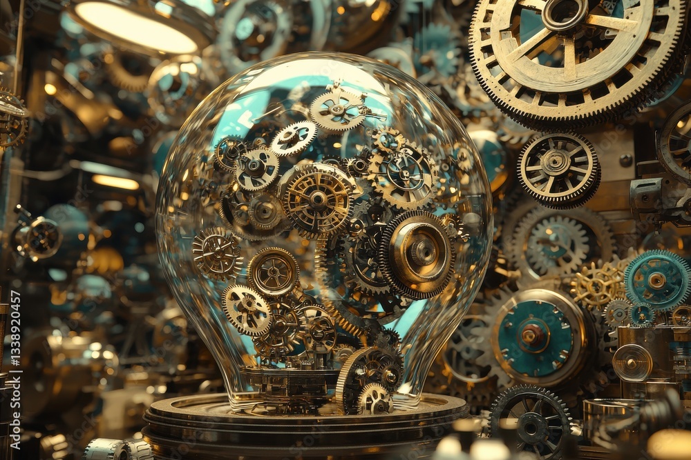 Poster an elaborate steampunk light bulb filled with intricate golden gears and cogs, representing the comp