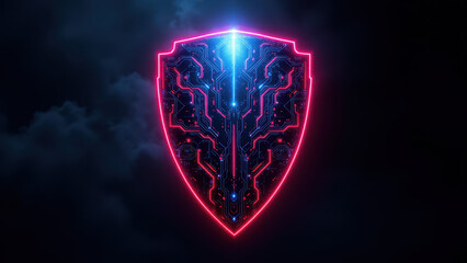 Fototapeta premium A futuristic shield emblem with neon pink accents on a dark background, symbolizing cybersecurity protection.