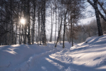 The path is in a beautiful winter mountain landscape with sun rays through a birch forest and deep white snow in a gorge.