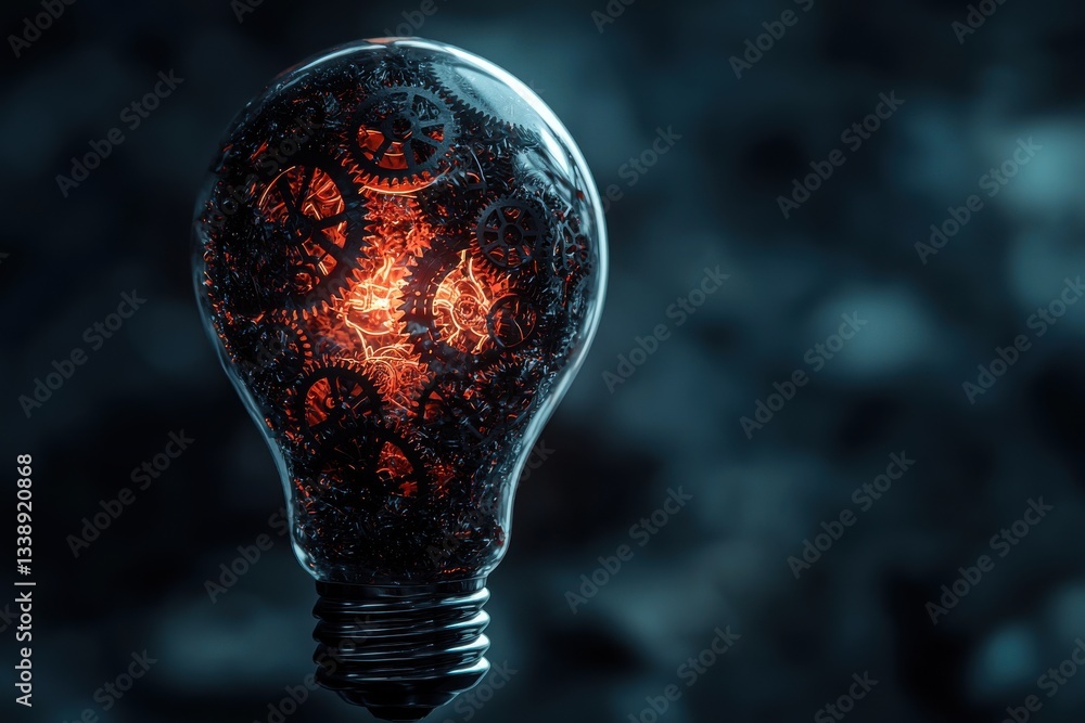 Poster a glowing lightbulb filled with intricate gears, illustrating the complex mechanism of innovative id