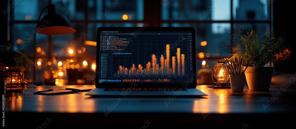Poster laptop displaying data graphs at night.
