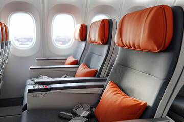 Comfortable chairs for sitting in the passenger plane cabin with a window. Interior of a passenger plane.