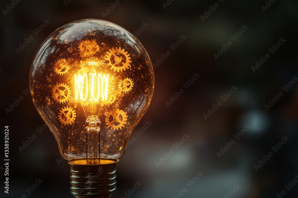 Poster an illuminated light bulb filled with gears and the word 'motion', symbolizing innovative mechanical