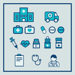 Medical Healthcare Icons.Set of medical healthcare illustrations featuring doctors, medical equipment, hospitals, ambulances, medicines, and health-related concepts.