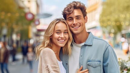 Obraz premium Happy young European couple looking at the camera in the city. Portrait of smiling couple standing in the street, lifestyle. Cheerful Caucasian couple hugging each other. AI Generated.